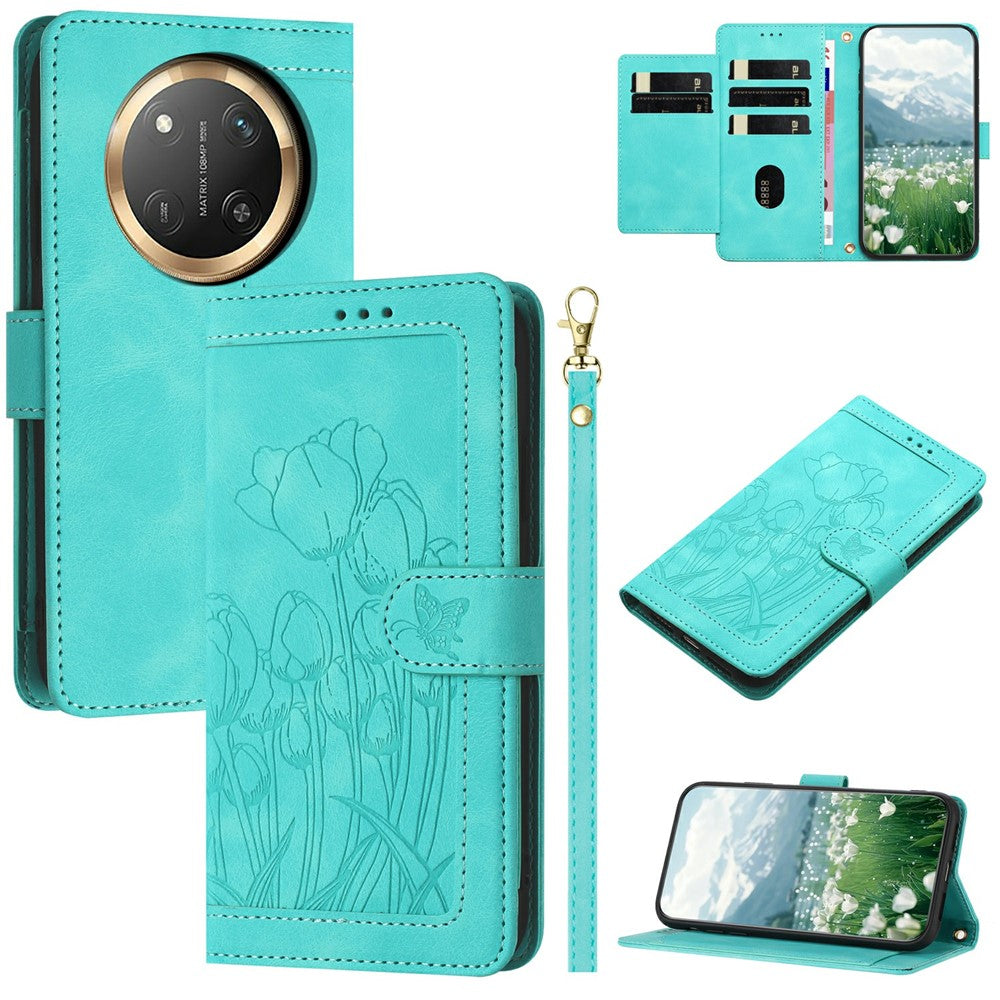 For Honor X60 Pro 5G / X9c 5G / Magic7 Lite 5G Wallet Case with 5 Card Slot / Wrist Strap, Tulip Pattern Imprint Leather Phone Cover