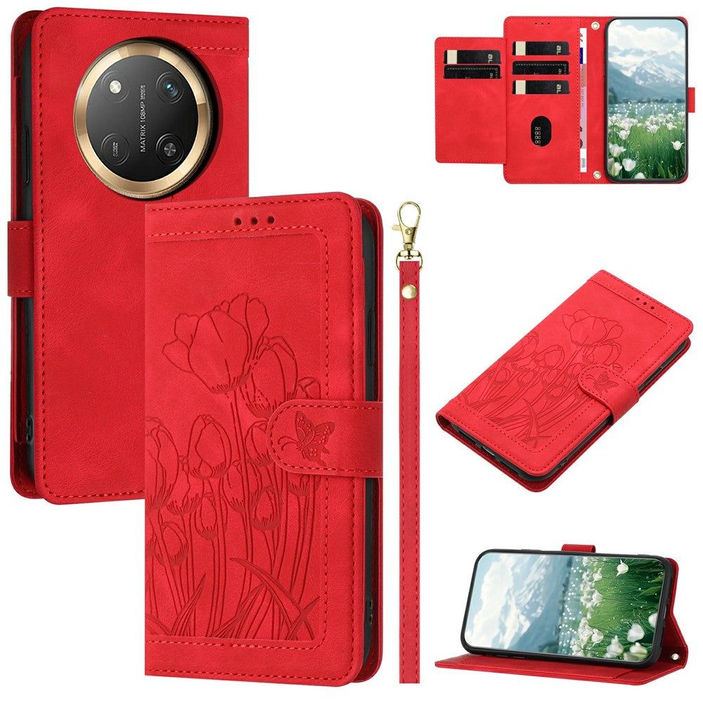 For Honor X60 Pro 5G / X9c 5G / Magic7 Lite 5G Wallet Case with 5 Card Slot / Wrist Strap, Tulip Pattern Imprint Leather Phone Cover