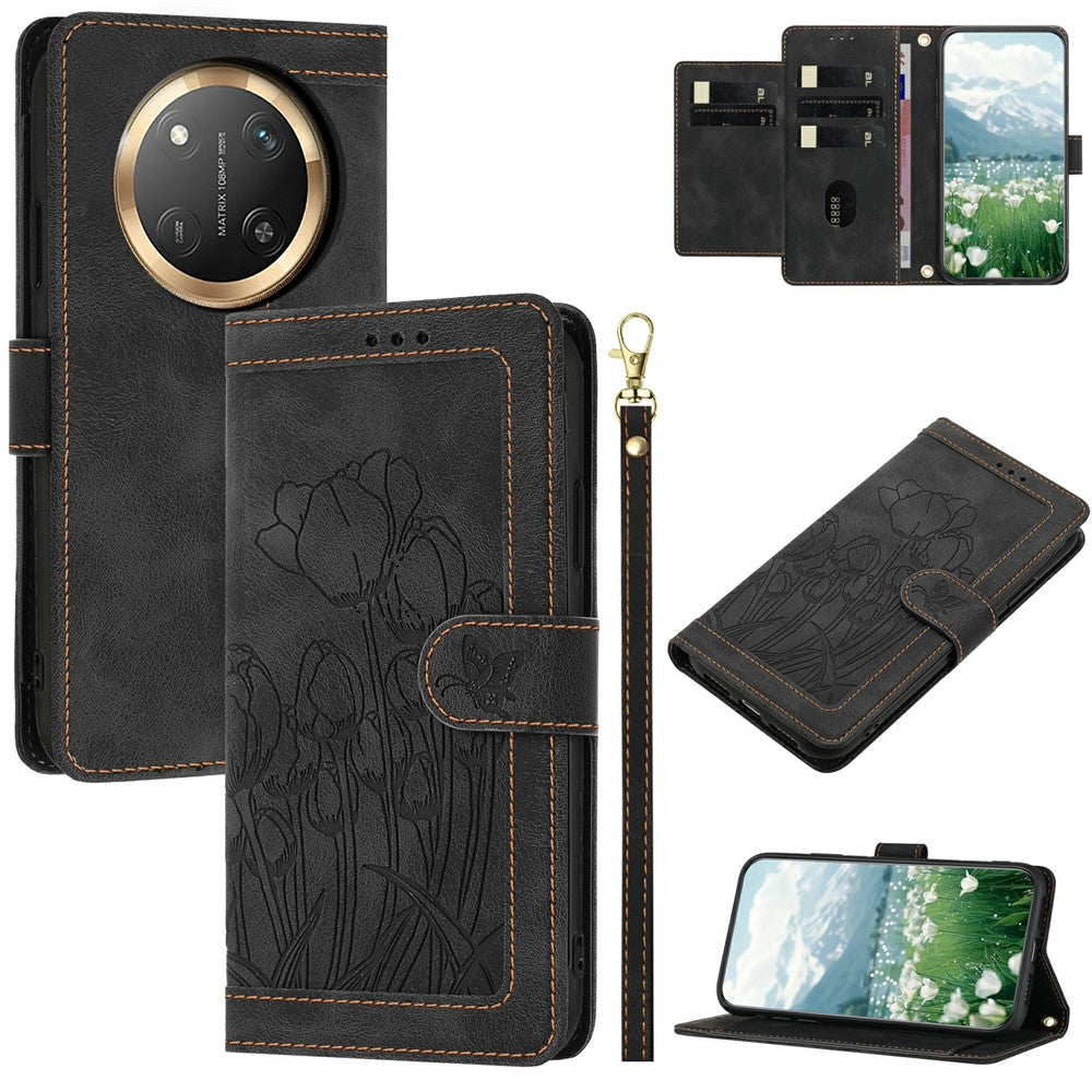 For Honor X60 Pro 5G / X9c 5G / Magic7 Lite 5G Wallet Case with 5 Card Slot / Wrist Strap, Tulip Pattern Imprint Leather Phone Cover
