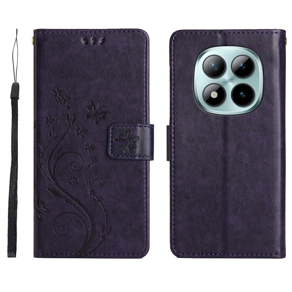 For Xiaomi Redmi Note 15 Pro 4G (Global) Leather Wallet Case Butterfly Flower Imprinted Phone Cover with Strap