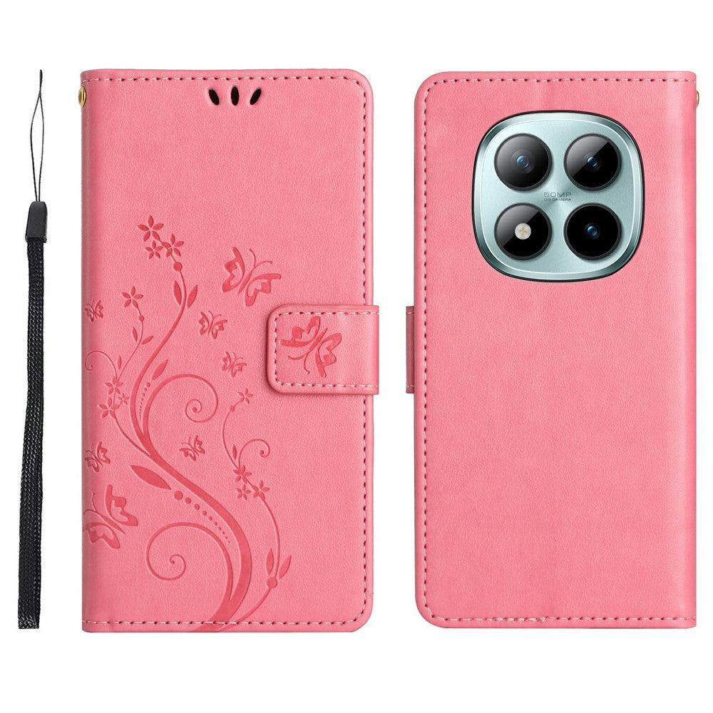 For Xiaomi Redmi Note 15 Pro 4G (Global) Leather Wallet Case Butterfly Flower Imprinted Phone Cover with Strap