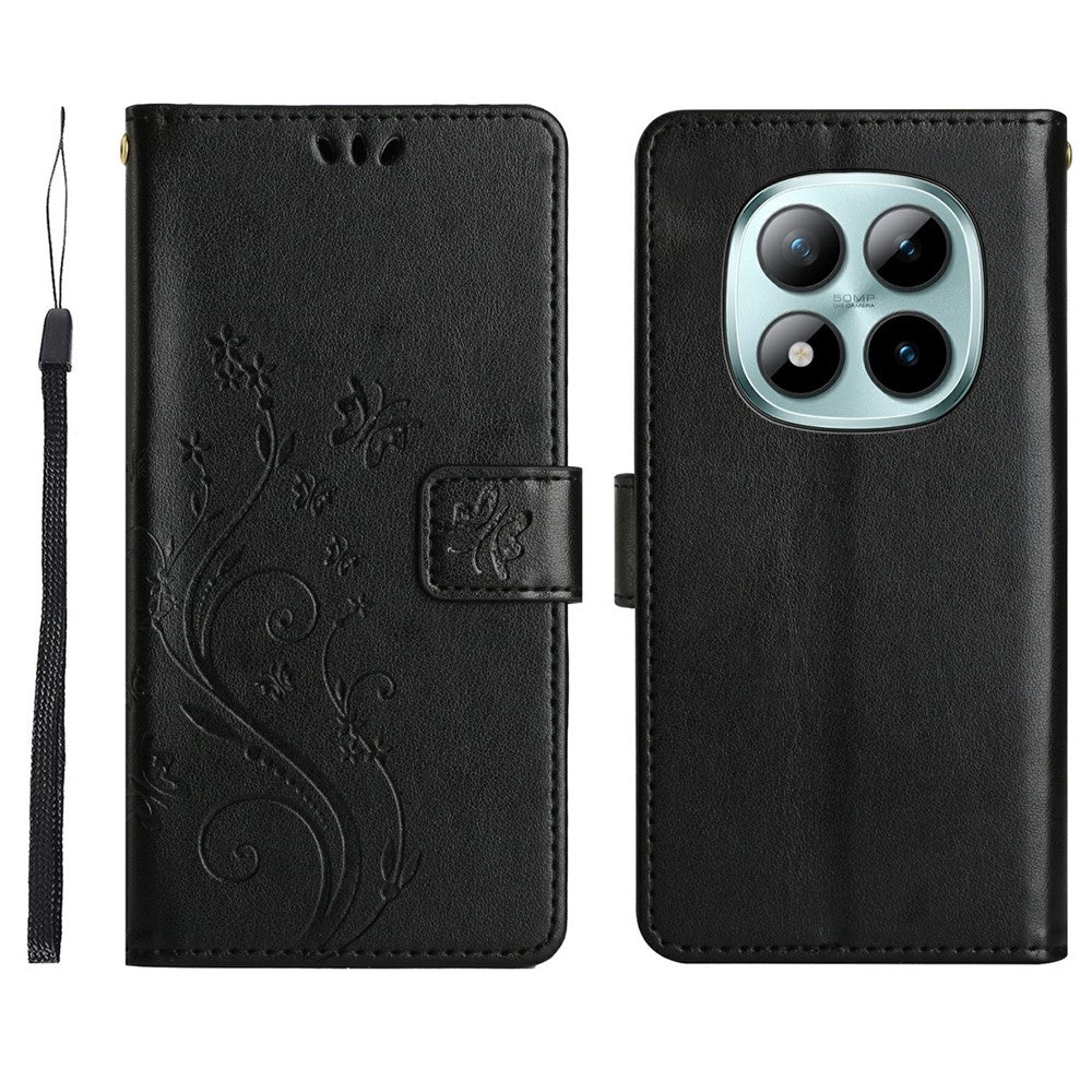 For Xiaomi Redmi Note 15 Pro 4G (Global) Leather Wallet Case Butterfly Flower Imprinted Phone Cover with Strap