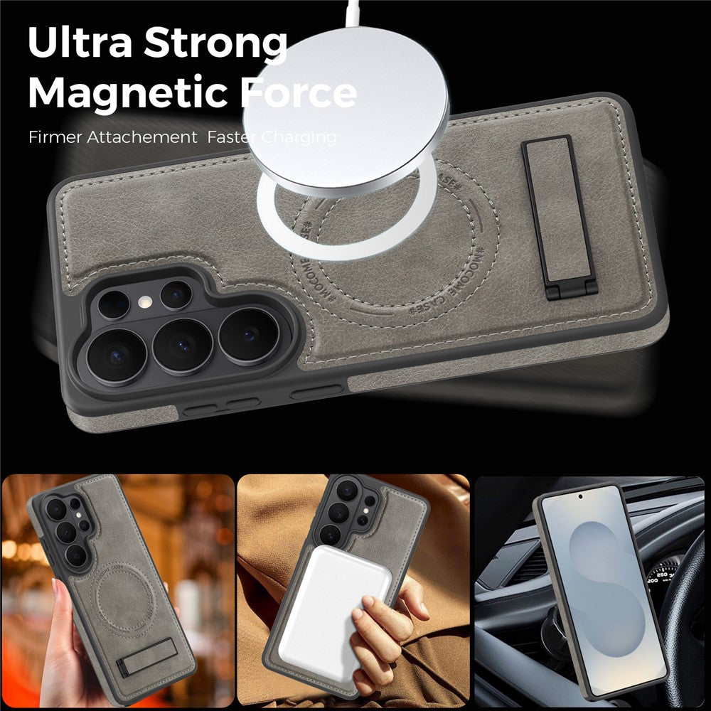 For Samsung Galaxy S26 Ultra Magnetic Case with Folded Kickstand PC Silicone Leather Phone Back Cover