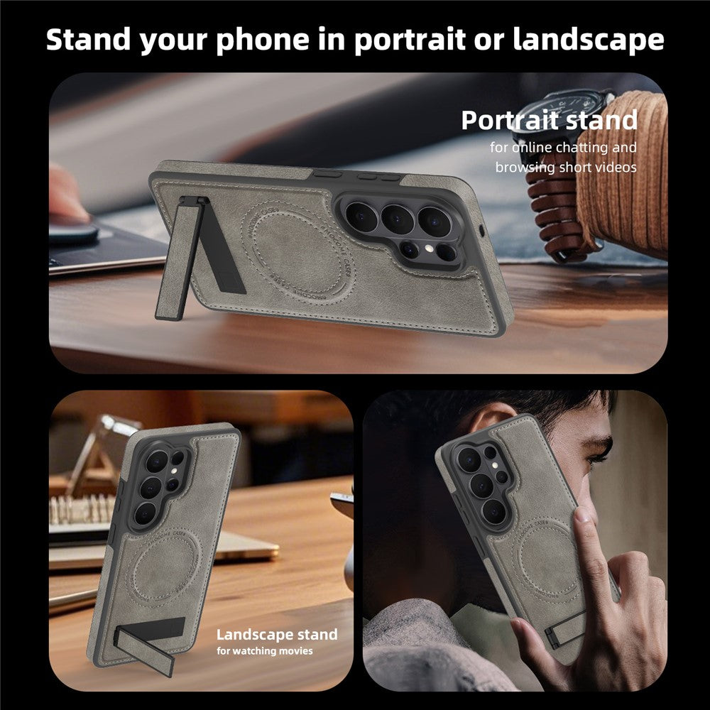 For Samsung Galaxy S26 Ultra Magnetic Case with Folded Kickstand PC Silicone Leather Phone Back Cover