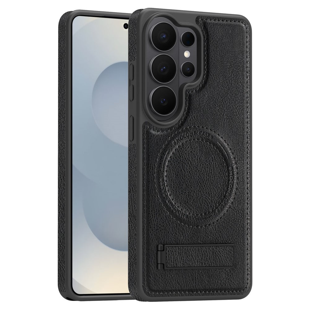 For Samsung Galaxy S26 Ultra Magnetic Case with Folded Kickstand PC Silicone Leather Phone Back Cover