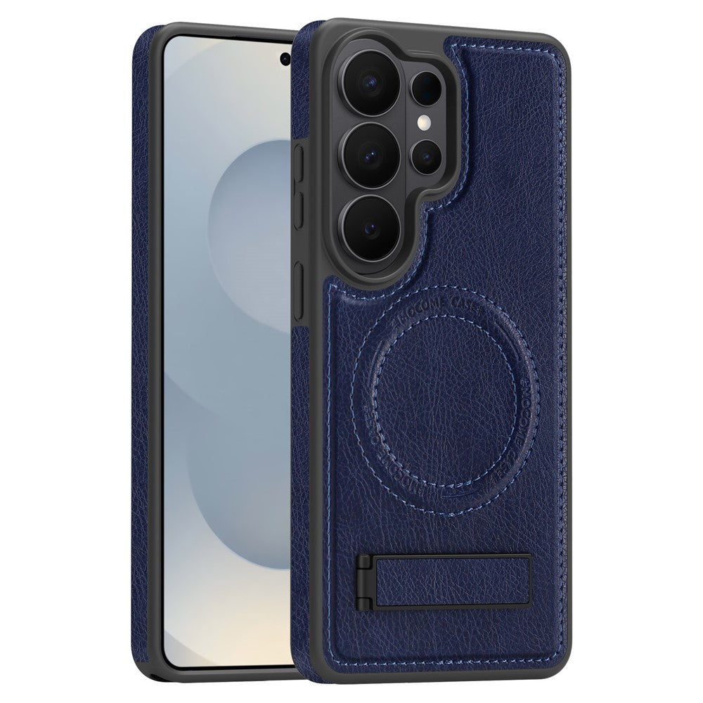 For Samsung Galaxy S26 Ultra Magnetic Case with Folded Kickstand PC Silicone Leather Phone Back Cover