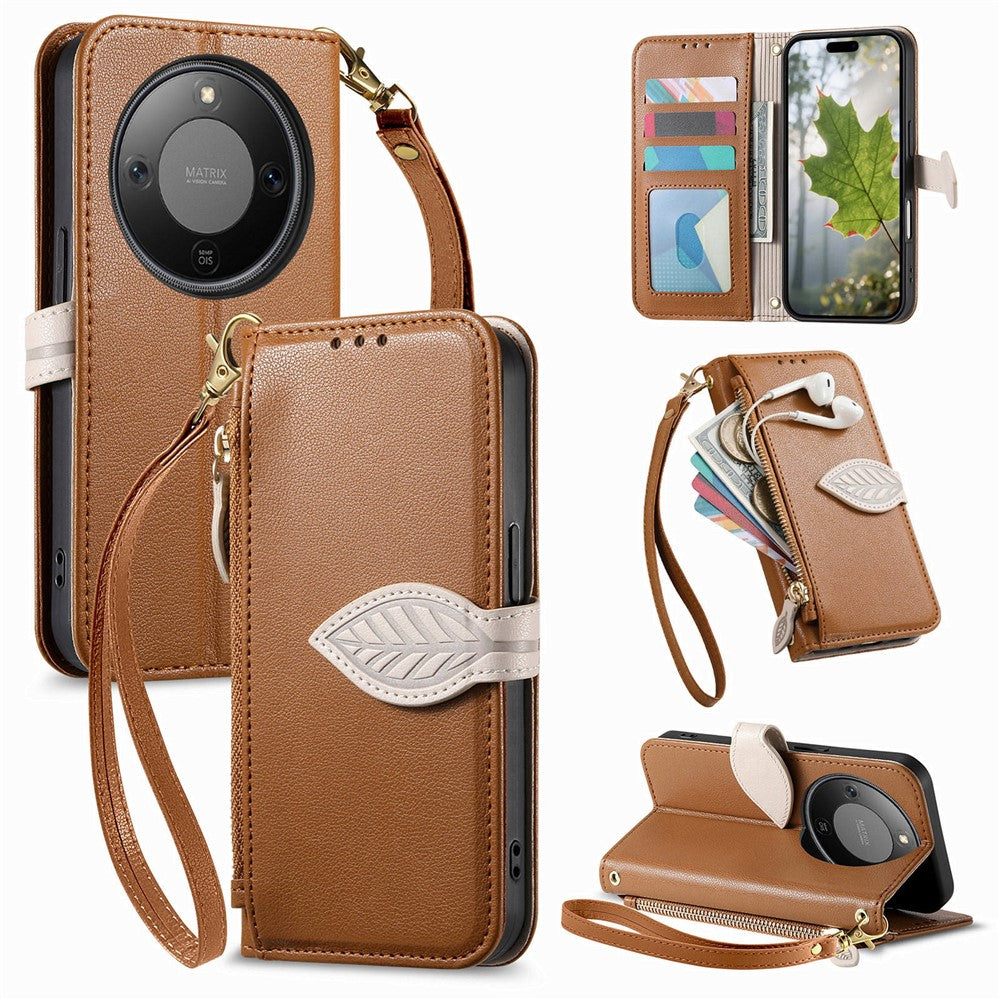 Stand Case for Honor Magic8 Lite 5G / X9d 5G / X70 5G Leaf Shape Magnetic Clasp Leather Phone Cover with Hand Strap