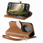 Stand Case for Honor Magic8 Lite 5G / X9d 5G / X70 5G Leaf Shape Magnetic Clasp Leather Phone Cover with Hand Strap