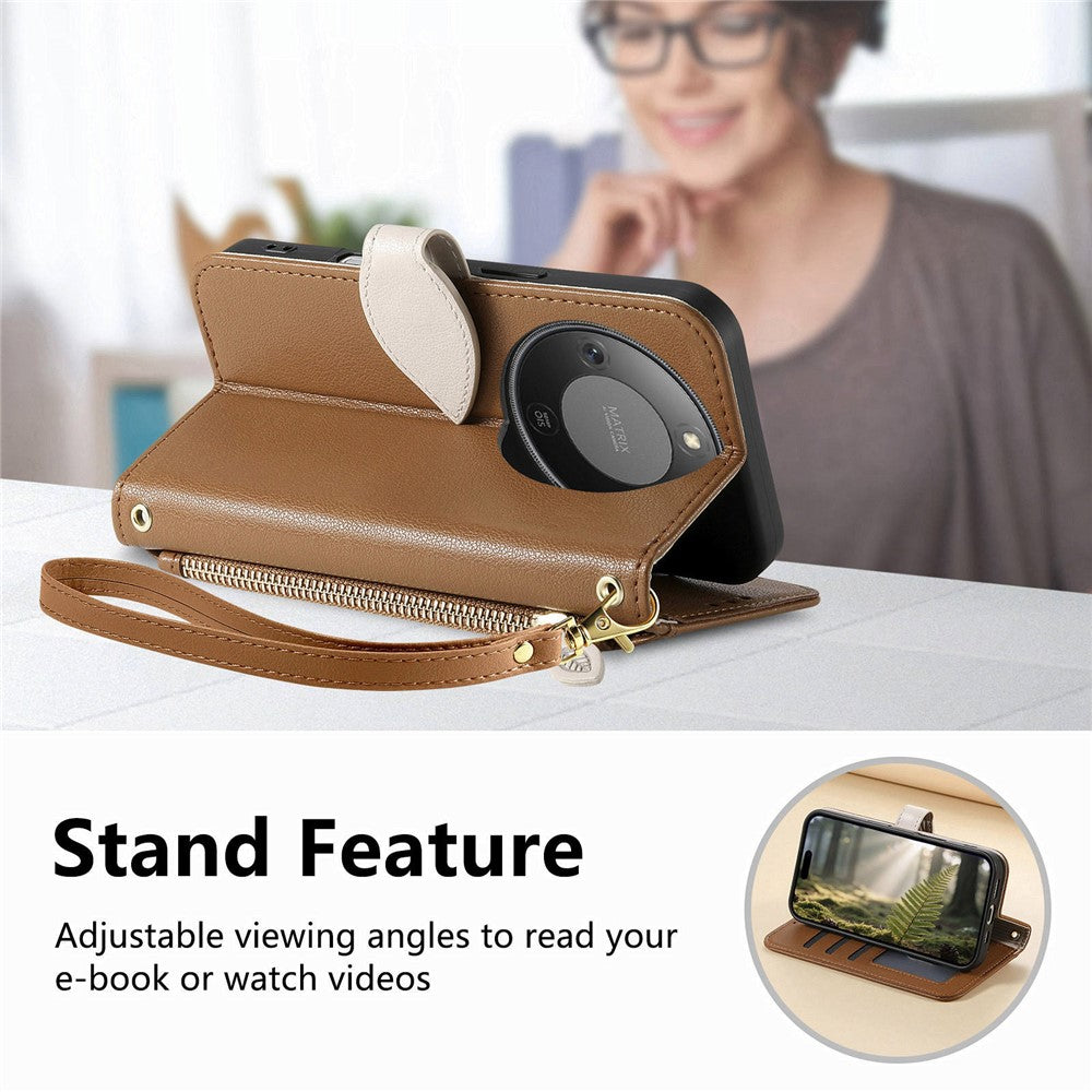 Stand Case for Honor Magic8 Lite 5G / X9d 5G / X70 5G Leaf Shape Magnetic Clasp Leather Phone Cover with Hand Strap