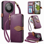 Stand Case for Honor Magic8 Lite 5G / X9d 5G / X70 5G Leaf Shape Magnetic Clasp Leather Phone Cover with Hand Strap