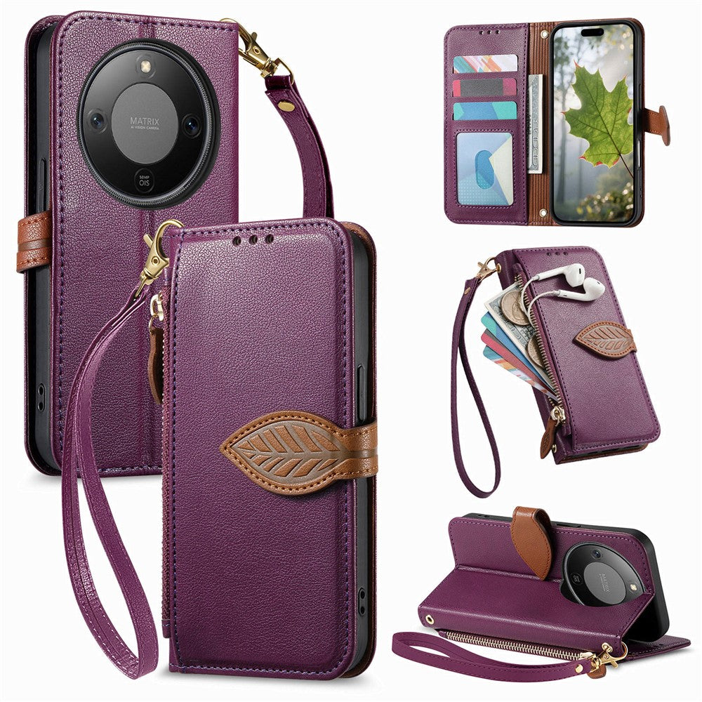 Stand Case for Honor Magic8 Lite 5G / X9d 5G / X70 5G Leaf Shape Magnetic Clasp Leather Phone Cover with Hand Strap