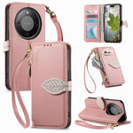 Stand Case for Honor Magic8 Lite 5G / X9d 5G / X70 5G Leaf Shape Magnetic Clasp Leather Phone Cover with Hand Strap