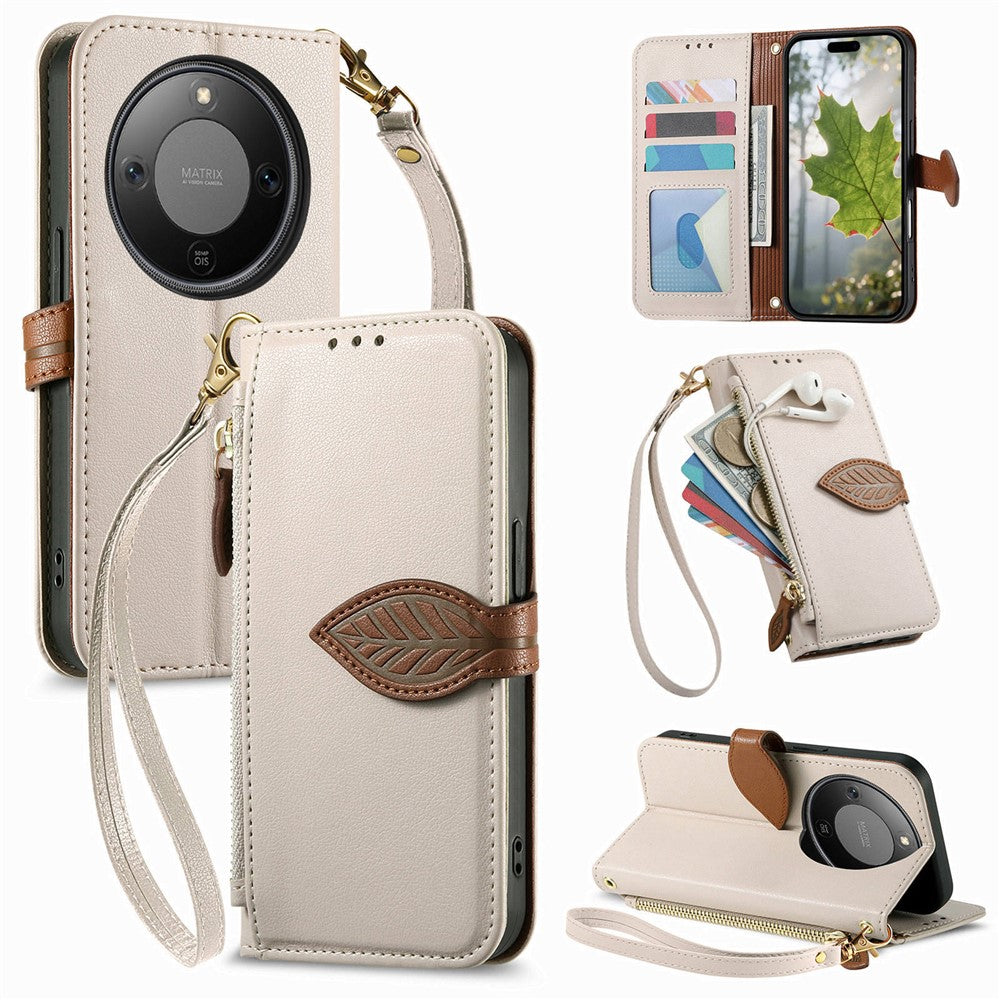 Stand Case for Honor Magic8 Lite 5G / X9d 5G / X70 5G Leaf Shape Magnetic Clasp Leather Phone Cover with Hand Strap