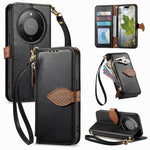 Stand Case for Honor Magic8 Lite 5G / X9d 5G / X70 5G Leaf Shape Magnetic Clasp Leather Phone Cover with Hand Strap