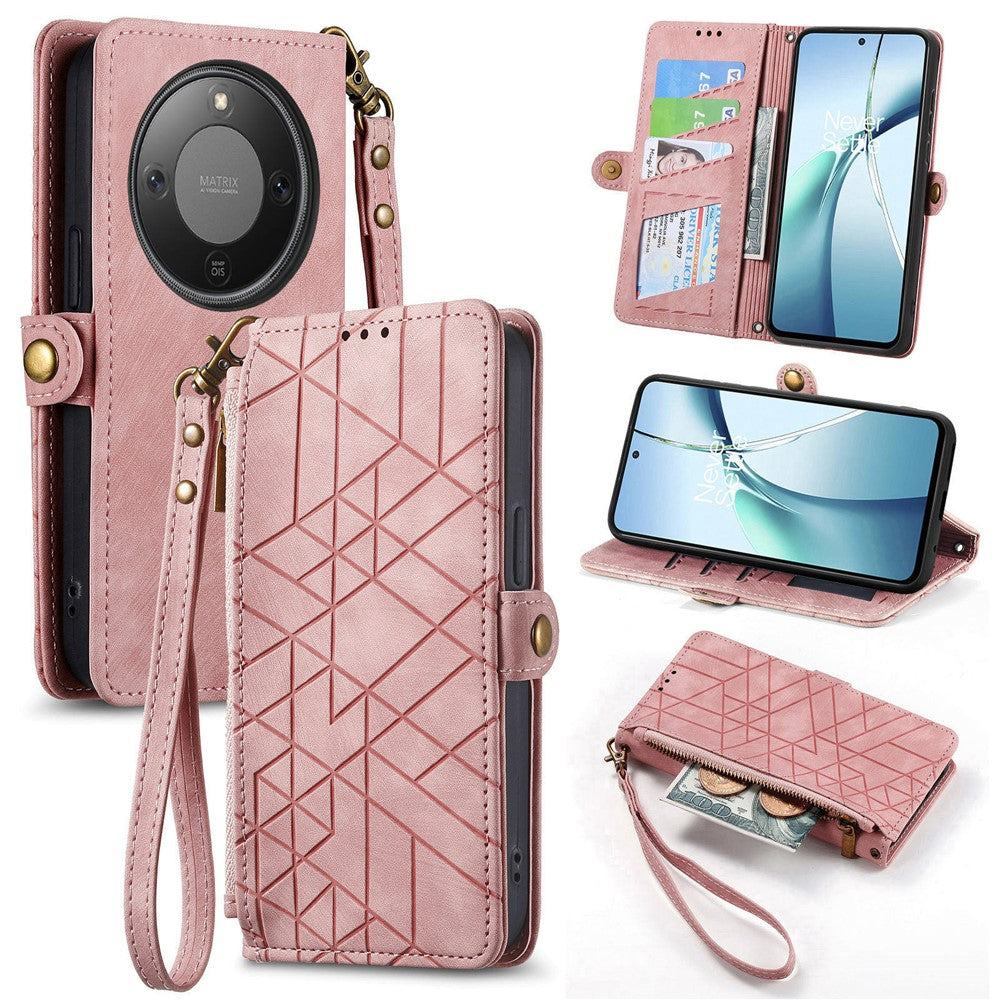 For Honor Magic8 Lite 5G / X9d 5G / X70 5G Case Zipper Wallet Geometry Lines Leather Phone Cover with Strap