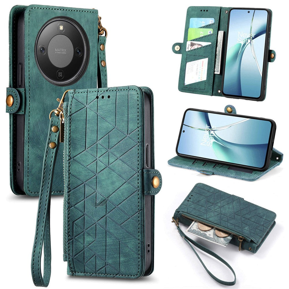 For Honor Magic8 Lite 5G / X9d 5G / X70 5G Case Zipper Wallet Geometry Lines Leather Phone Cover with Strap
