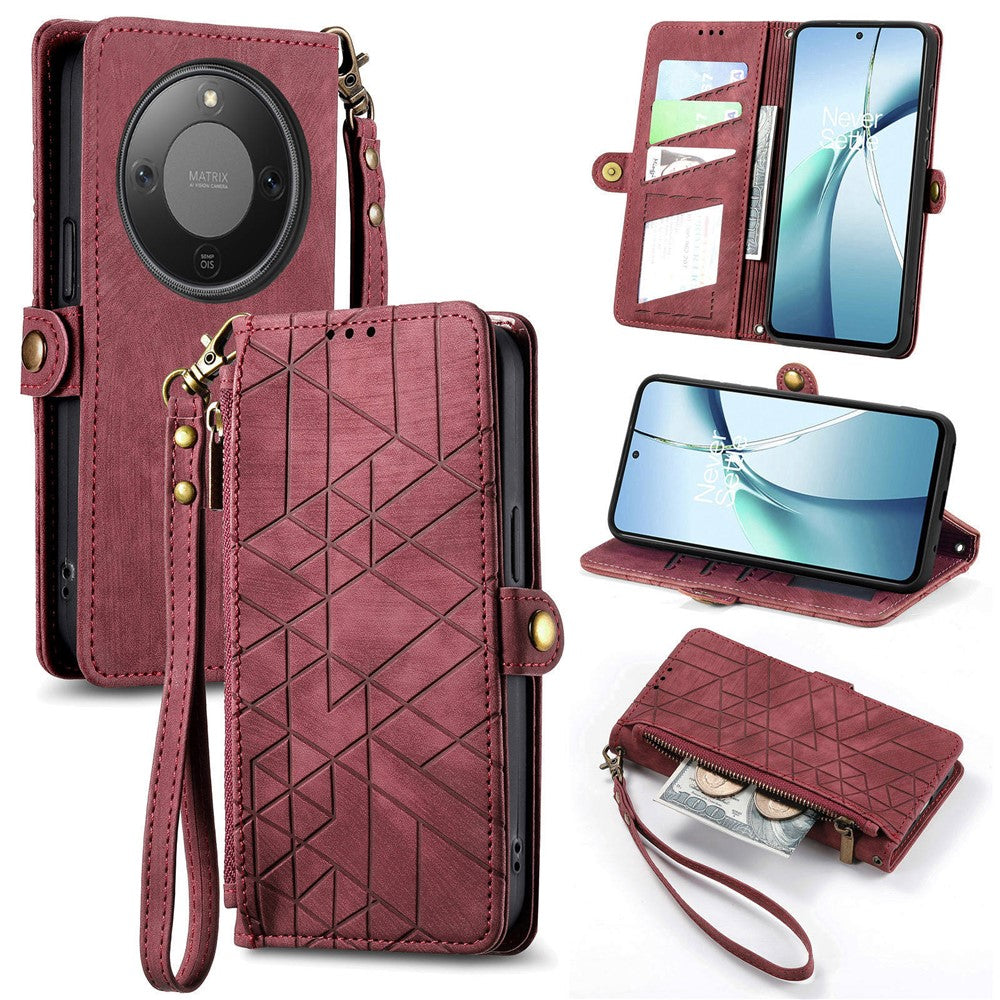 For Honor Magic8 Lite 5G / X9d 5G / X70 5G Case Zipper Wallet Geometry Lines Leather Phone Cover with Strap