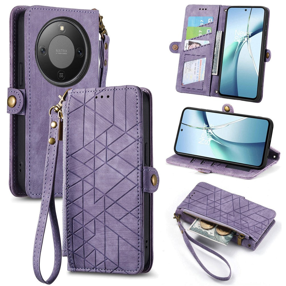 For Honor Magic8 Lite 5G / X9d 5G / X70 5G Case Zipper Wallet Geometry Lines Leather Phone Cover with Strap