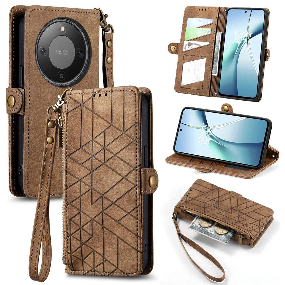For Honor Magic8 Lite 5G / X9d 5G / X70 5G Case Zipper Wallet Geometry Lines Leather Phone Cover with Strap