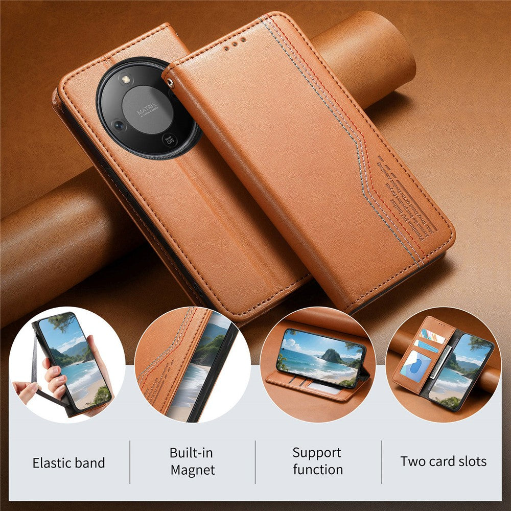 For Honor Magic8 Lite 5G / X9d 5G / X70 5G Case Wallet Tri-Color Stitching Leather Phone Cover with Elastic Wristband