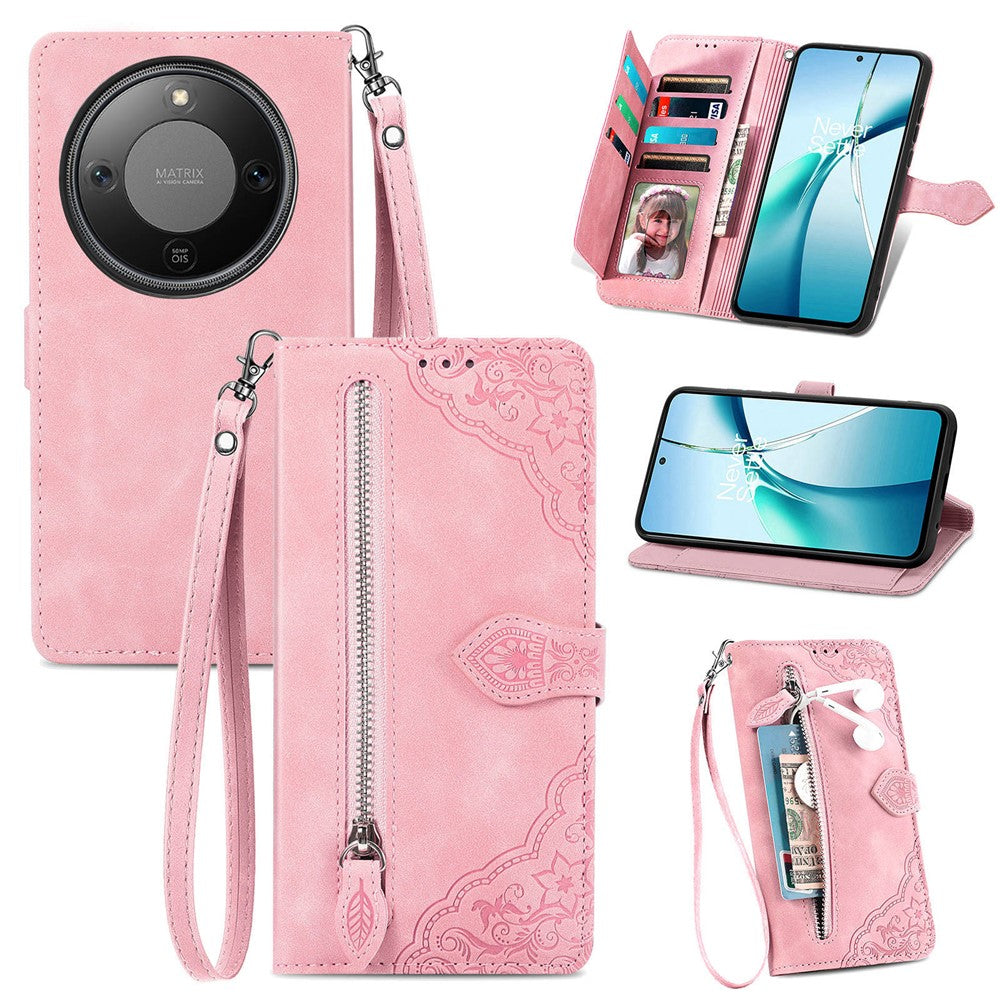 For Honor Magic8 Lite 5G / X9d 5G / X70 5G Zipper Wallet Case with Strap Flower Imprint PU Leather Phone Cover