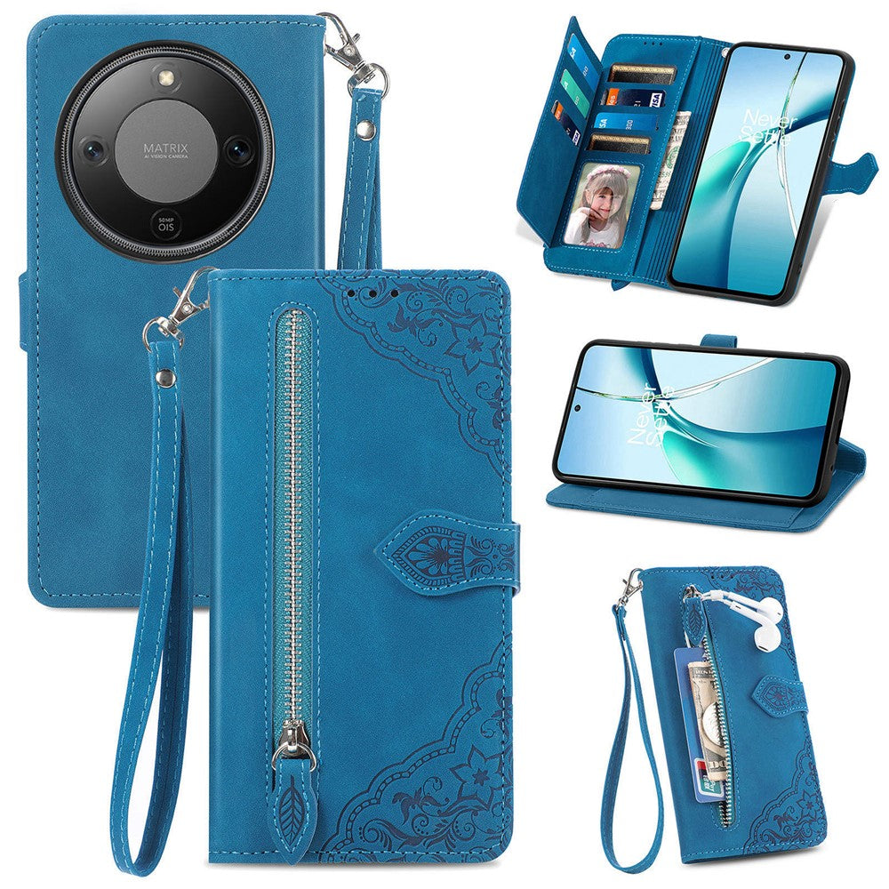 For Honor Magic8 Lite 5G / X9d 5G / X70 5G Zipper Wallet Case with Strap Flower Imprint PU Leather Phone Cover