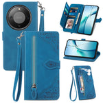 For Honor Magic8 Lite 5G / X9d 5G / X70 5G Zipper Wallet Case with Strap Flower Imprint PU Leather Phone Cover
