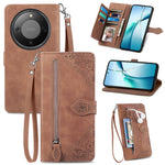 For Honor Magic8 Lite 5G / X9d 5G / X70 5G Zipper Wallet Case with Strap Flower Imprint PU Leather Phone Cover