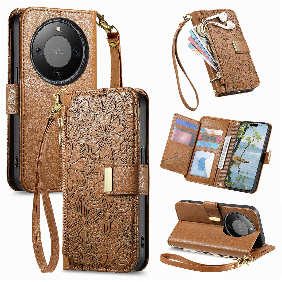 For Honor X70 5G / Honor X9d 5G / Honor Magic8 Lite 5G Case Floral Leaf Pattern Multi Card Slots Zipper Leather Phone Cover with Wrist Strap