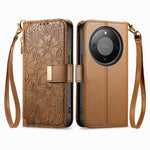 For Honor X70 5G / Honor X9d 5G / Honor Magic8 Lite 5G Case Floral Leaf Pattern Multi Card Slots Zipper Leather Phone Cover with Wrist Strap