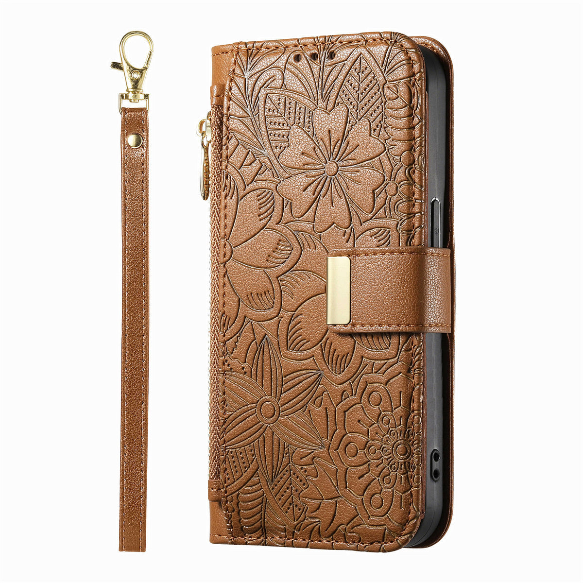 For Honor X70 5G / Honor X9d 5G / Honor Magic8 Lite 5G Case Floral Leaf Pattern Multi Card Slots Zipper Leather Phone Cover with Wrist Strap