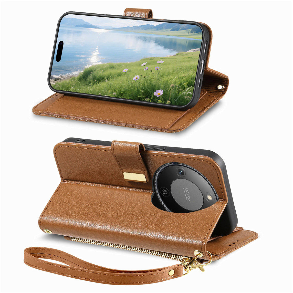 For Honor X70 5G / Honor X9d 5G / Honor Magic8 Lite 5G Case Floral Leaf Pattern Multi Card Slots Zipper Leather Phone Cover with Wrist Strap