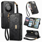 For Honor X70 5G / Honor X9d 5G / Honor Magic8 Lite 5G Case Floral Leaf Pattern Multi Card Slots Zipper Leather Phone Cover with Wrist Strap