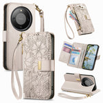 For Honor X70 5G / Honor X9d 5G / Honor Magic8 Lite 5G Case Floral Leaf Pattern Multi Card Slots Zipper Leather Phone Cover with Wrist Strap