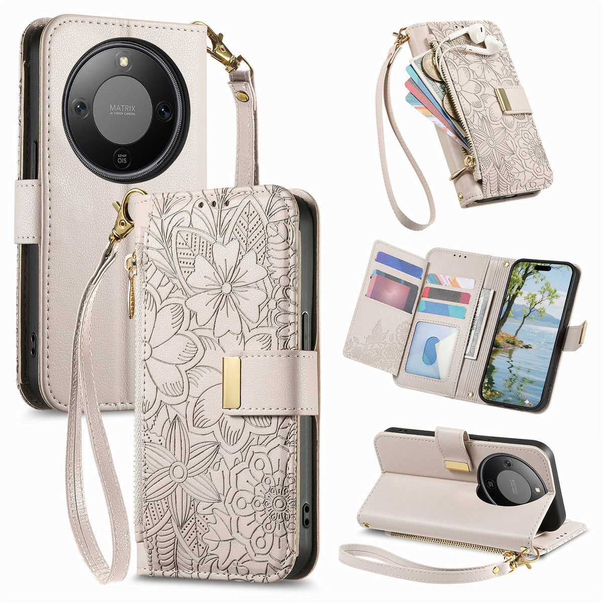 For Honor X70 5G / Honor X9d 5G / Honor Magic8 Lite 5G Case Floral Leaf Pattern Multi Card Slots Zipper Leather Phone Cover with Wrist Strap