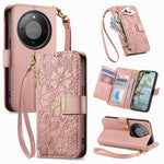 For Honor X70 5G / Honor X9d 5G / Honor Magic8 Lite 5G Case Floral Leaf Pattern Multi Card Slots Zipper Leather Phone Cover with Wrist Strap
