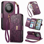 For Honor X70 5G / Honor X9d 5G / Honor Magic8 Lite 5G Case Floral Leaf Pattern Multi Card Slots Zipper Leather Phone Cover with Wrist Strap