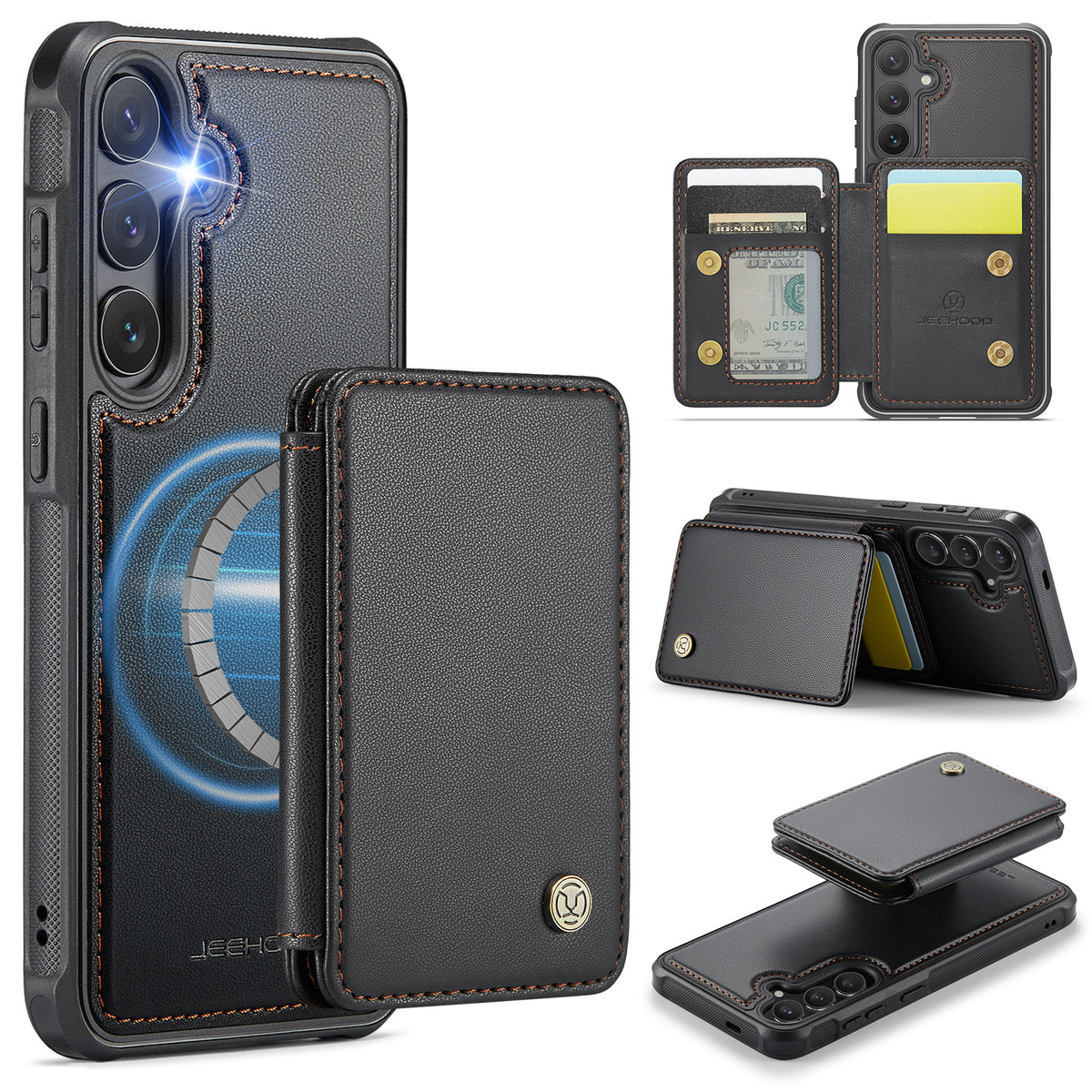 JEEHOOD För Samsung Galaxy S26 Skal J05 Läder Mobilskal med Avtagbar Magnetisk Korthållare