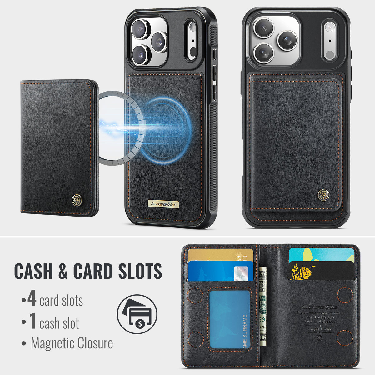 CASEME For iPhone 18 Pro / 17 Pro Magnetic Case  ME80 Series Leather PC TPU Phone Cover with Detachable Wallet