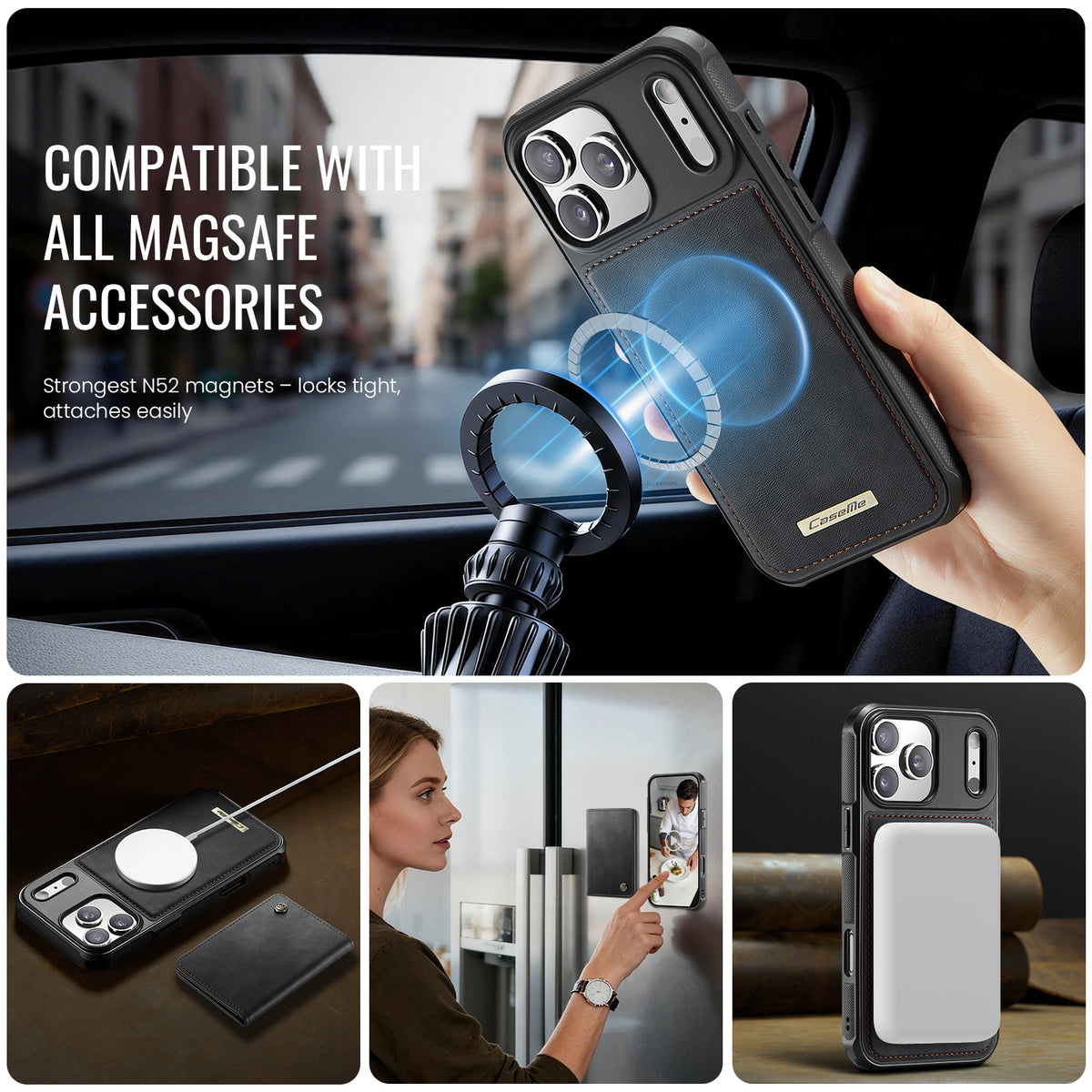 CASEME For iPhone 18 Pro / 17 Pro Magnetic Case  ME80 Series Leather PC TPU Phone Cover with Detachable Wallet