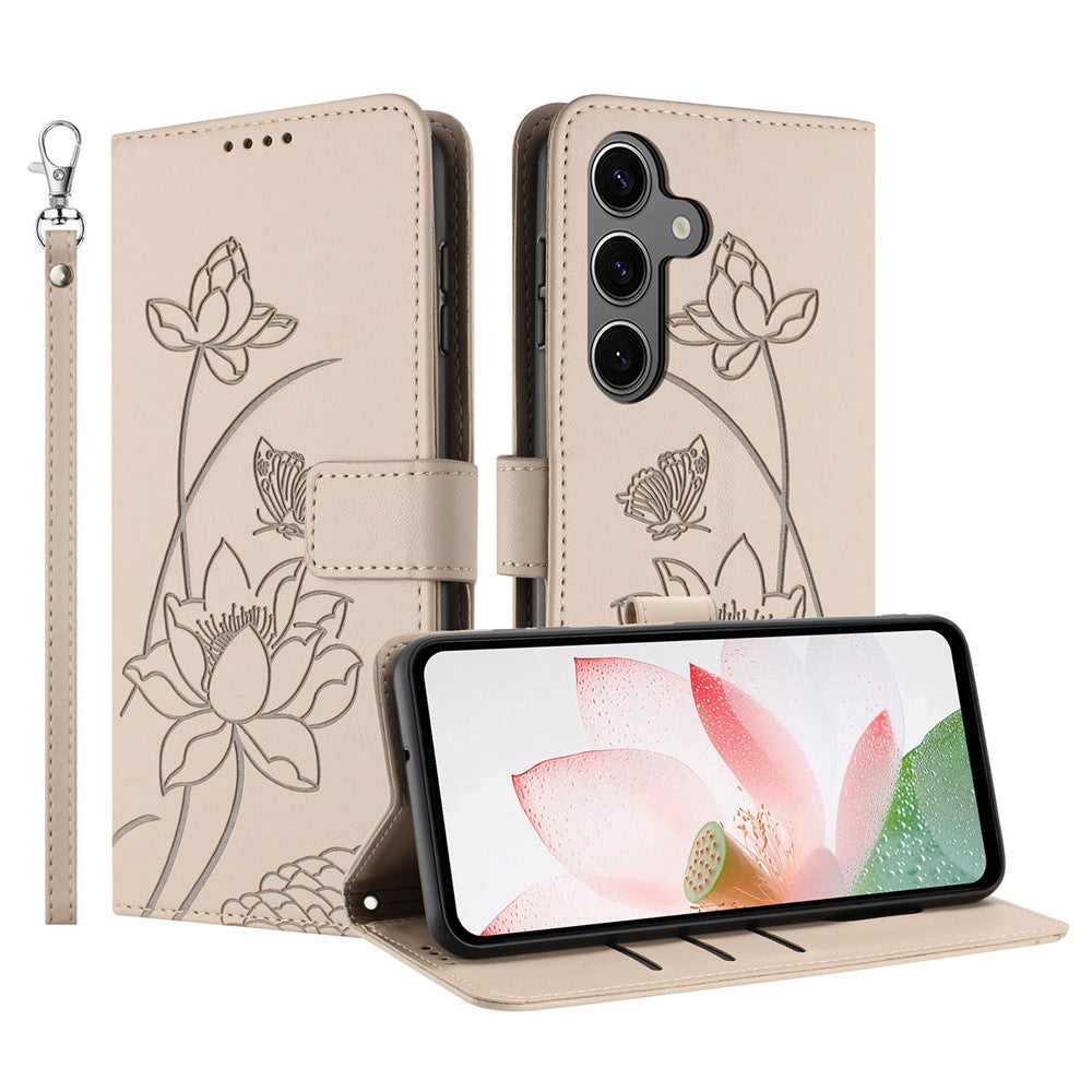 Samsung Galaxy S26-skal Plånboksfodral Lotus Imprint Lädermobilskal med Handledsrem