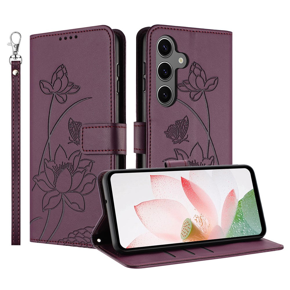 Samsung Galaxy S26-skal Plånboksfodral Lotus Imprint Lädermobilskal med Handledsrem