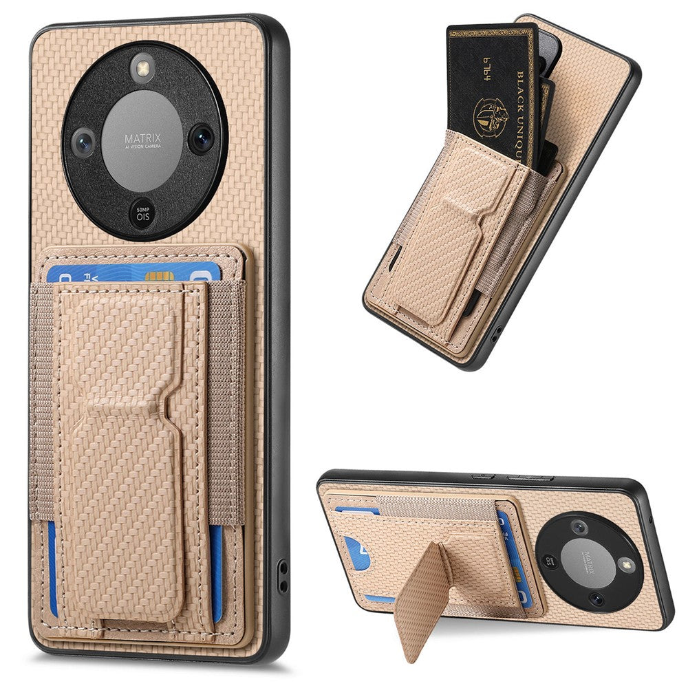 Phone Case For Honor Magic8 Lite 5G  /  X9d 5G  /  X70 5G Fiber Pattern Leather Back Cover with Card Holder Kickstand