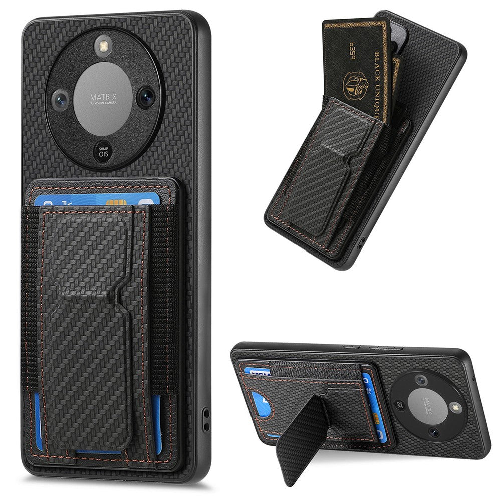 Phone Case For Honor Magic8 Lite 5G  /  X9d 5G  /  X70 5G Fiber Pattern Leather Back Cover with Card Holder Kickstand