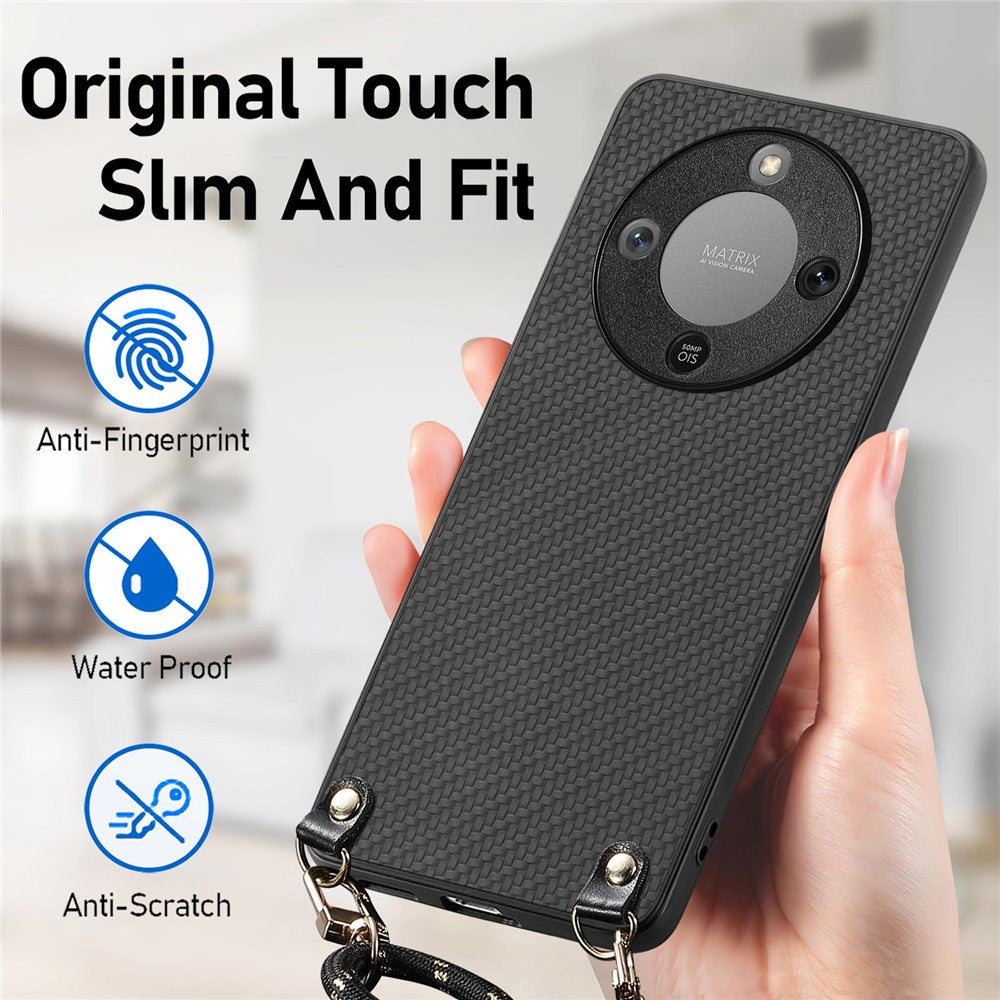 Hybrid Phone Case For Honor Magic8 Lite 5G / X9d 5G / X70 5G Carbon Fiber Texture Back Cover with Adjustable Strap