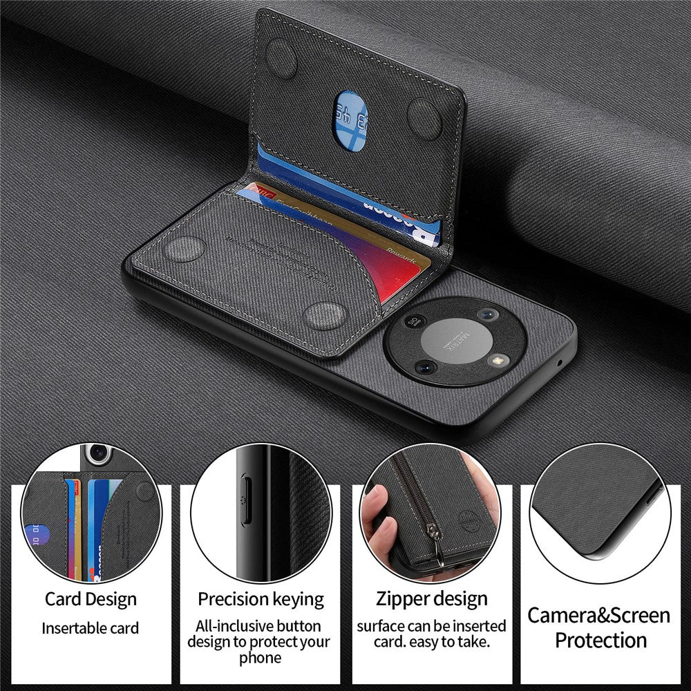 Phone Case For Honor Magic8 Lite 5G  /  X9d 5G  /  X70 5G Zipper Card Holder Kickstand Jeans Cloth Texture Leather Back Cover