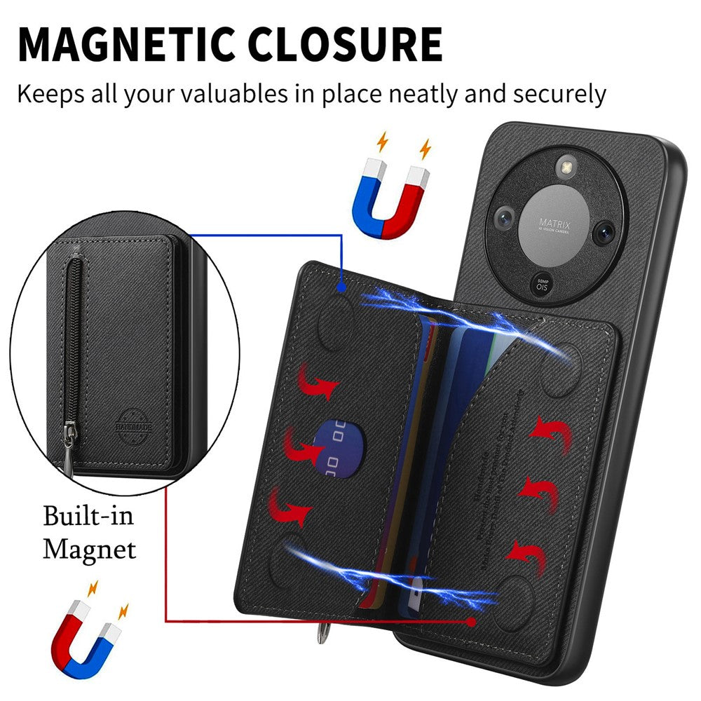Phone Case For Honor Magic8 Lite 5G  /  X9d 5G  /  X70 5G Zipper Card Holder Kickstand Jeans Cloth Texture Leather Back Cover