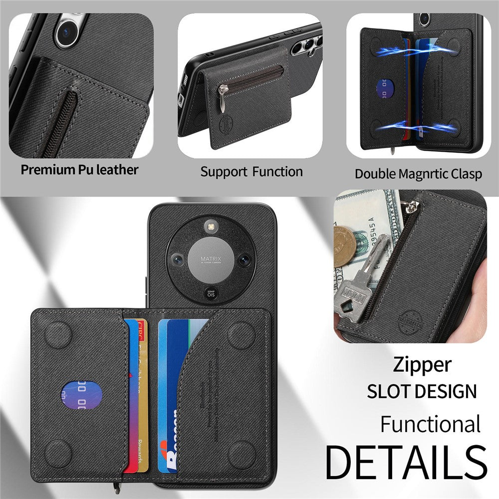 Phone Case For Honor Magic8 Lite 5G  /  X9d 5G  /  X70 5G Zipper Card Holder Kickstand Jeans Cloth Texture Leather Back Cover