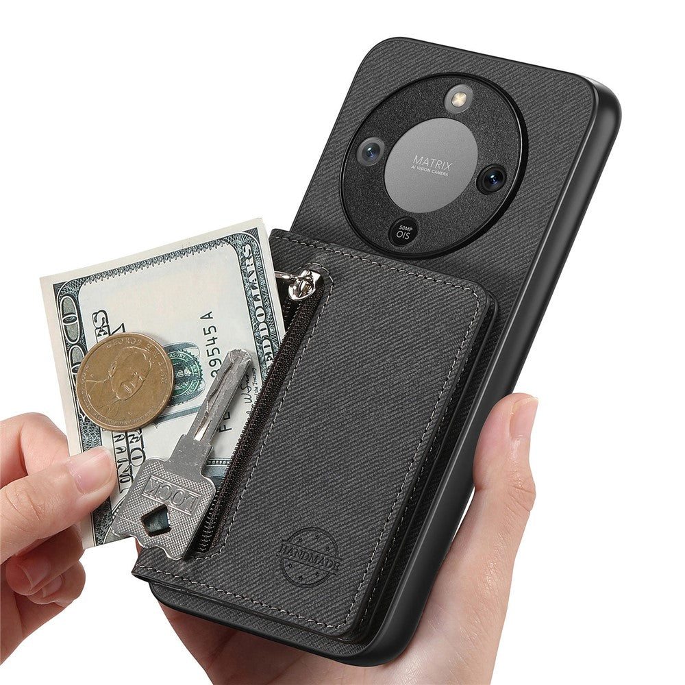 Phone Case For Honor Magic8 Lite 5G  /  X9d 5G  /  X70 5G Zipper Card Holder Kickstand Jeans Cloth Texture Leather Back Cover