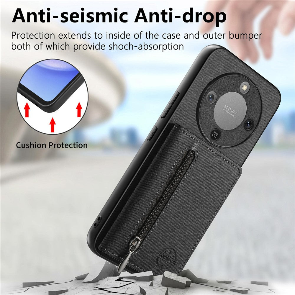 Phone Case For Honor Magic8 Lite 5G  /  X9d 5G  /  X70 5G Zipper Card Holder Kickstand Jeans Cloth Texture Leather Back Cover